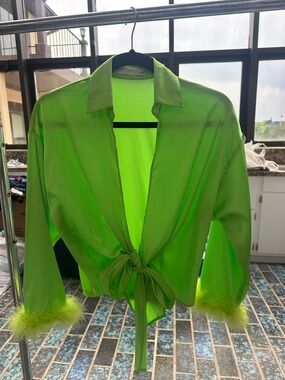 Neon Green Satin Tie-Front Blouse with Feather Cuffs